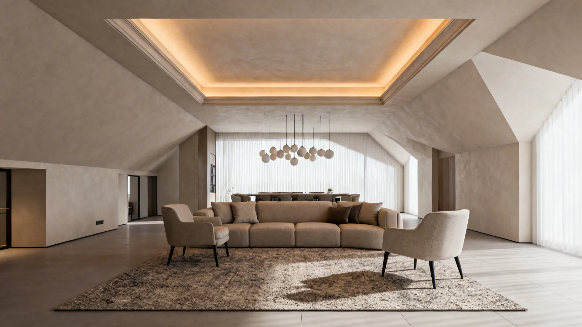 Open-plan vaulted room with a large rug and a painted tray ceiling defining the living area