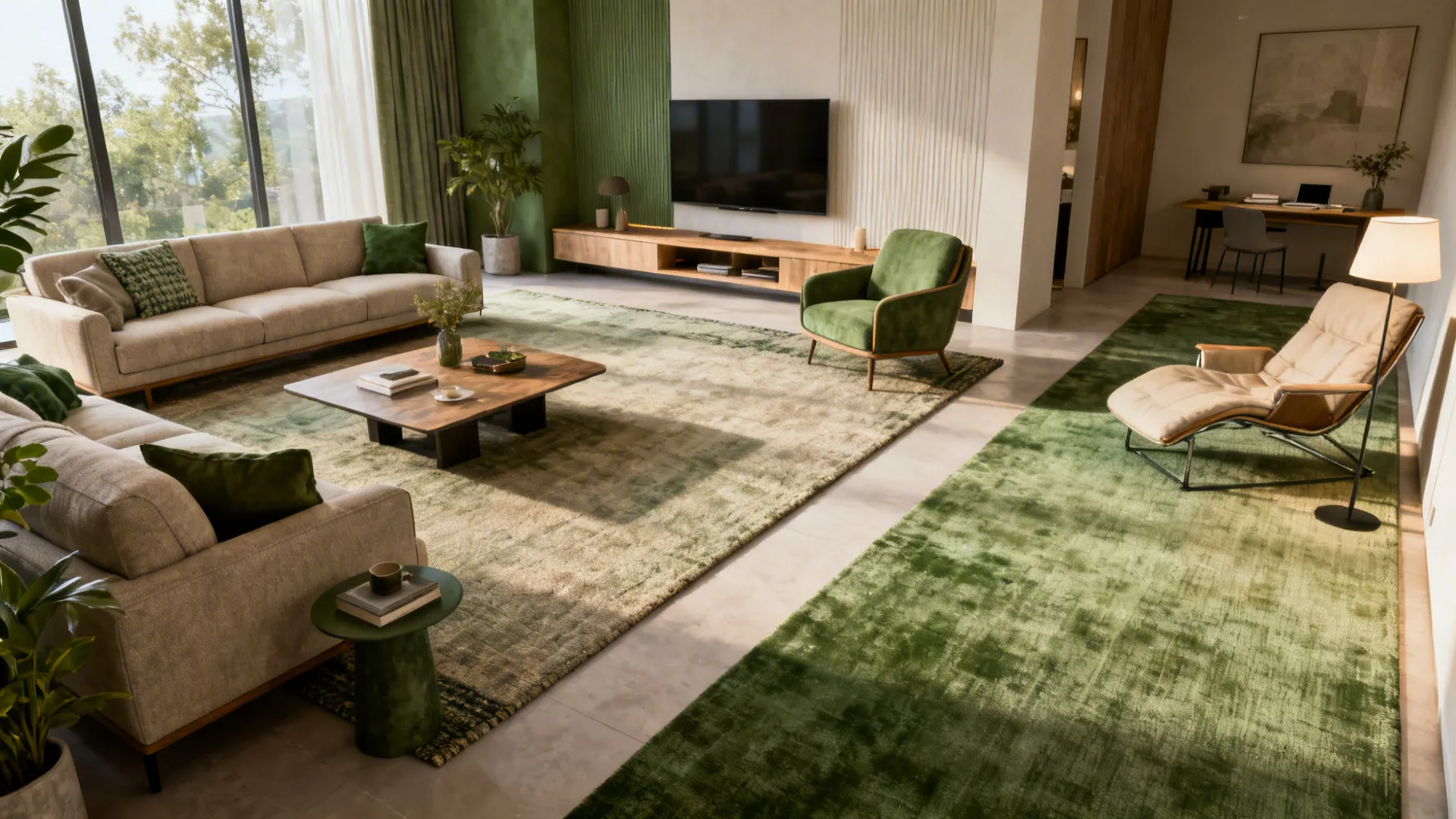 Long living room divided into conversation, media, and reading zones with rugs and inward-facing furniture.