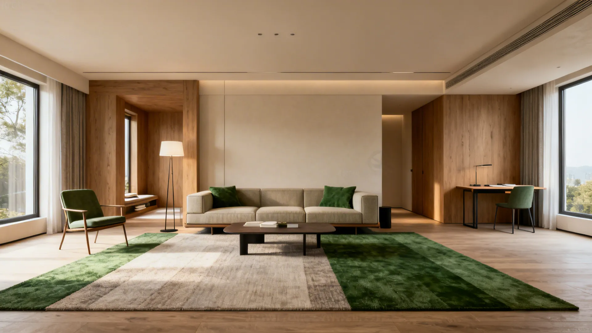 Large open living room featuring green rug beige sofa wooden wall panels and study desk