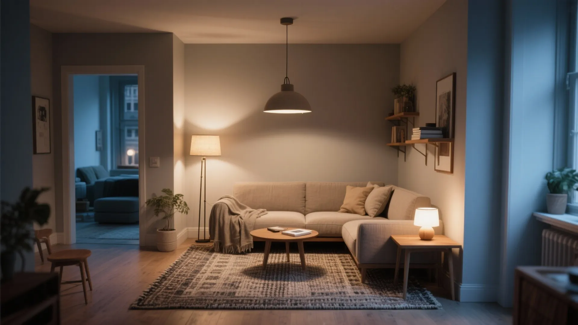 Living room corner with grey sofa and rug plus floor lamp and warm ceiling light