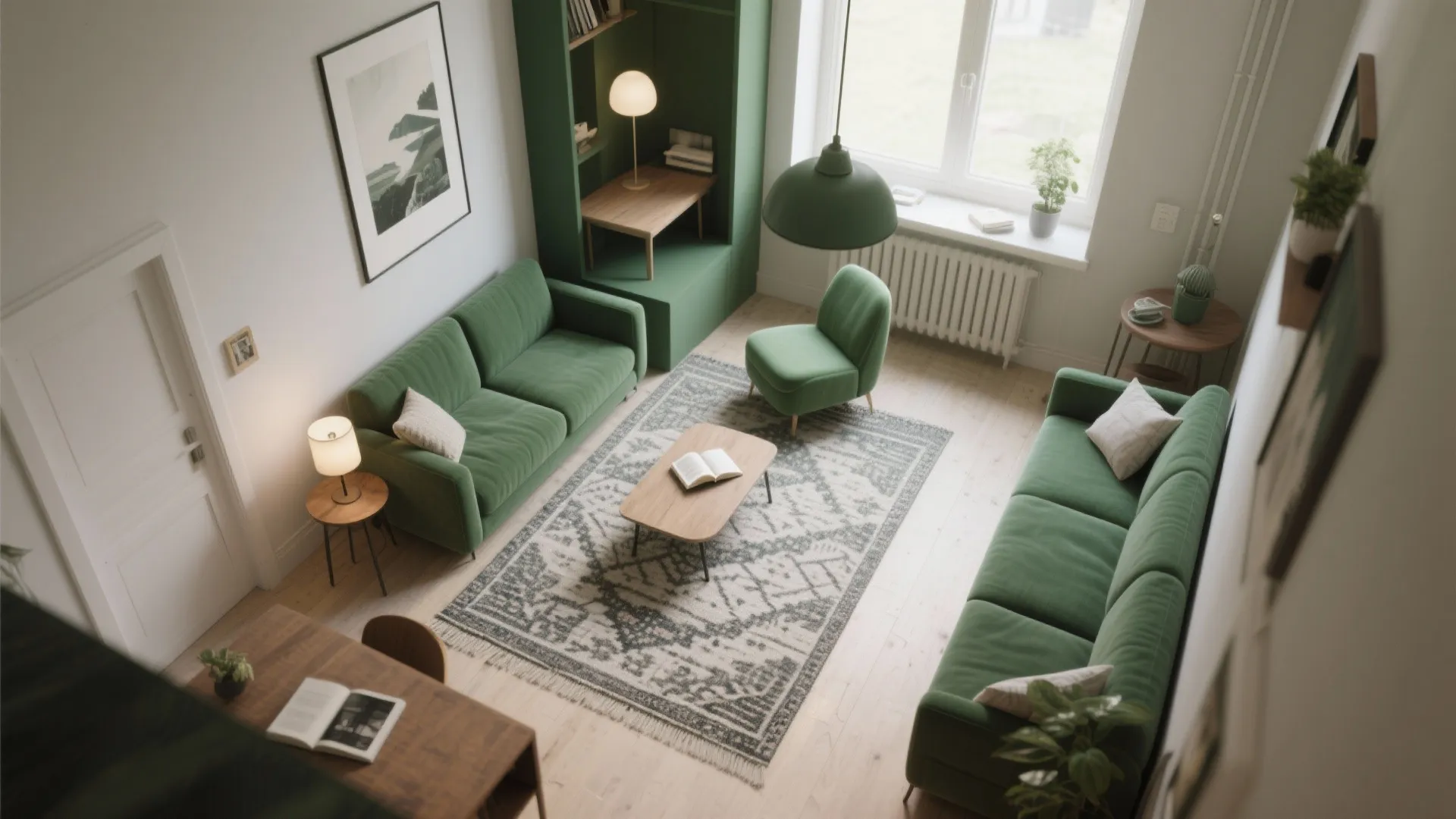 Modern green living room with two sofas patterned rug wooden coffee table and ceiling light