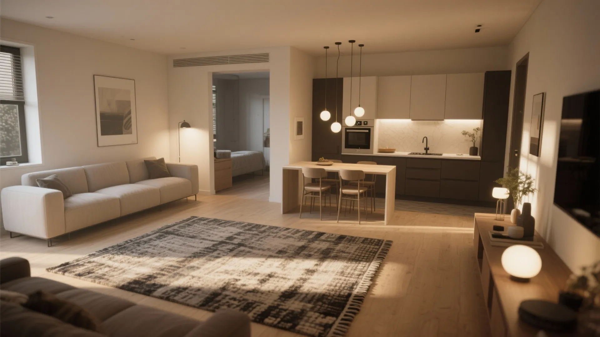 1. Define zones with rugs and lighting