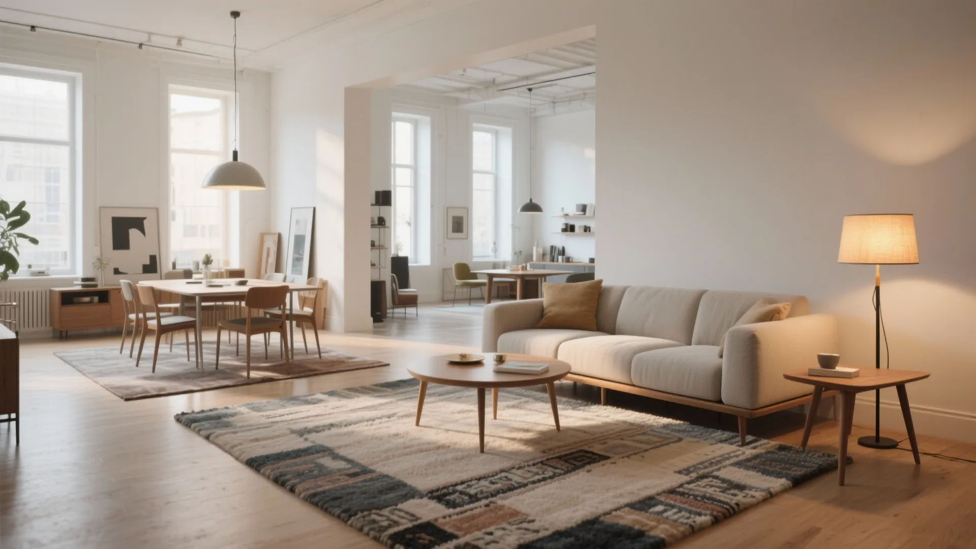 Open plan living room with cream sofa, wooden coffee table, large rug, and white dining table