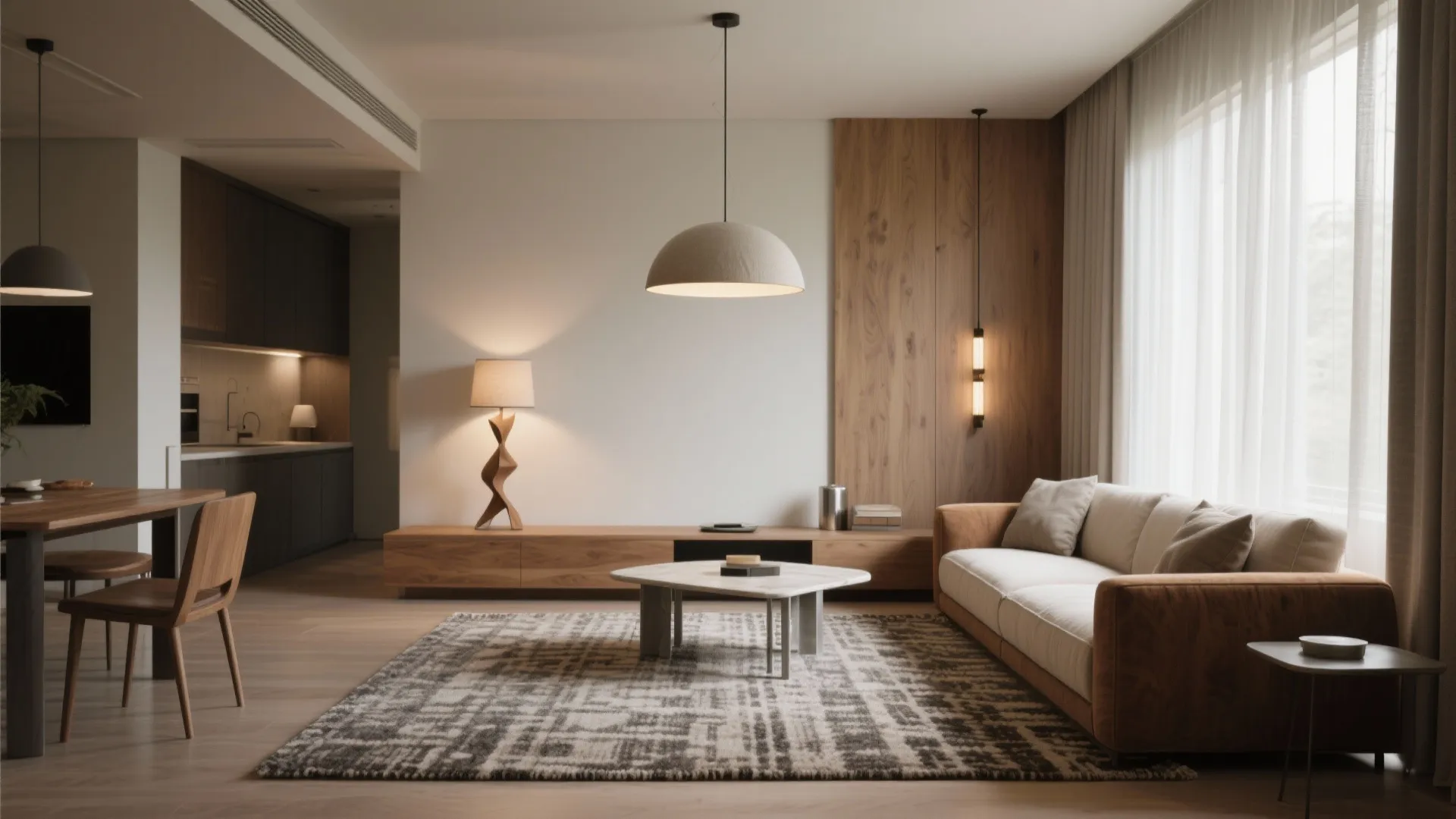 1. Define zones with rugs and layered lighting