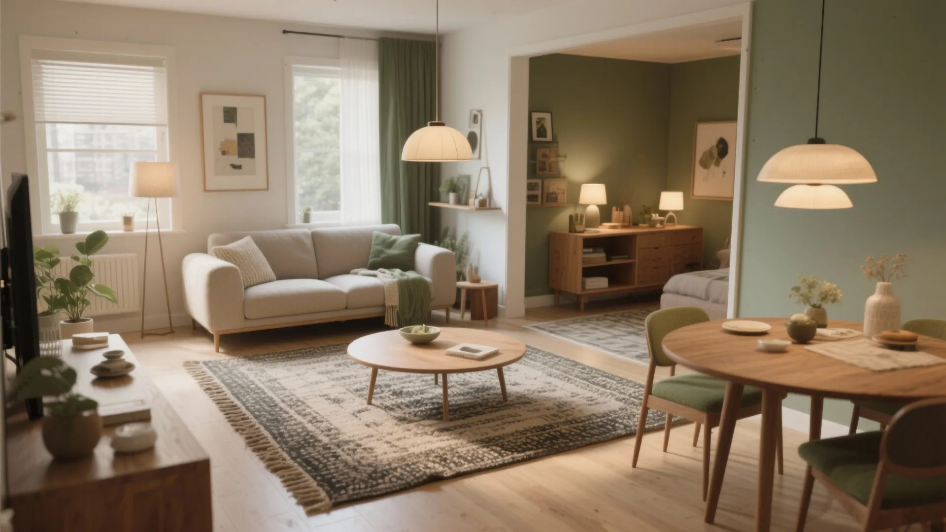 Open plan living room and dining area with grey sofa wooden table rug and ceiling lights