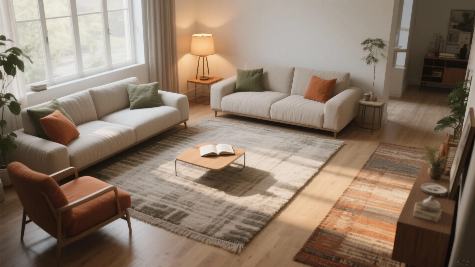 1. Define zones with rugs and lighting
