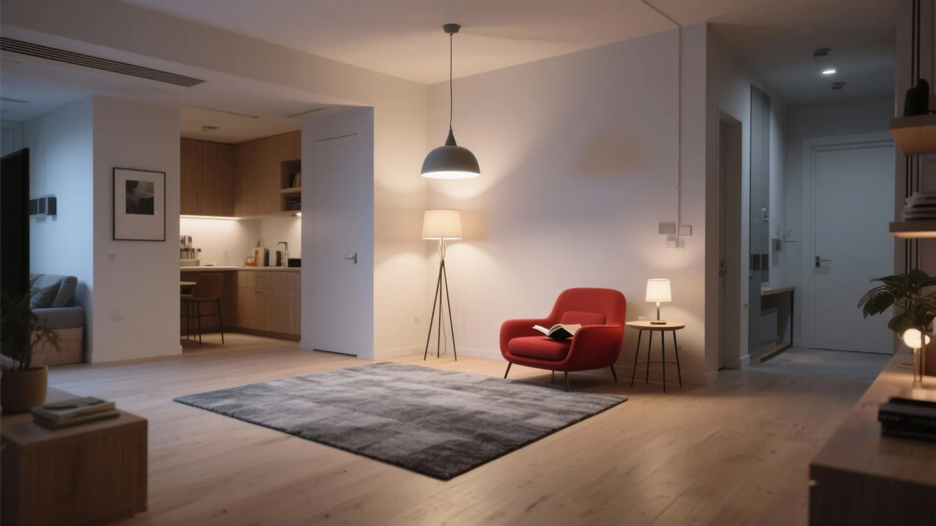 4. Create zones in open-plan spaces with rugs and lighting