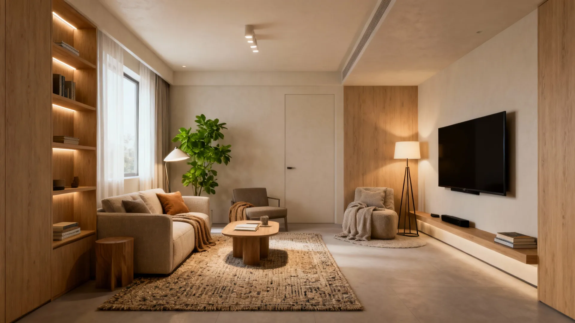 Modern warm living room with beige sofa wood wall panels floor lamp and television set
