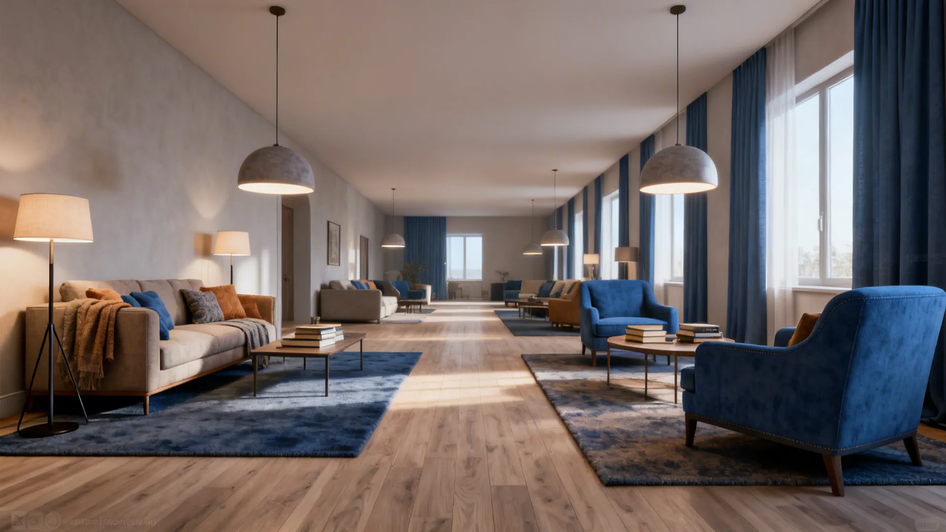 Long living room with rugs and layered lighting creating seating, reading, and entry zones.