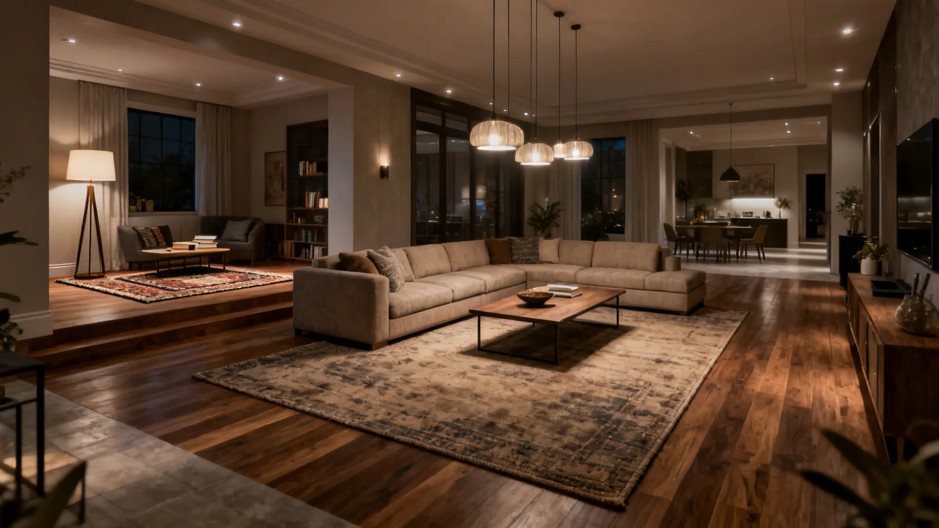 Modern living room with large sofa on rug under hanging ceiling lights and wood floors