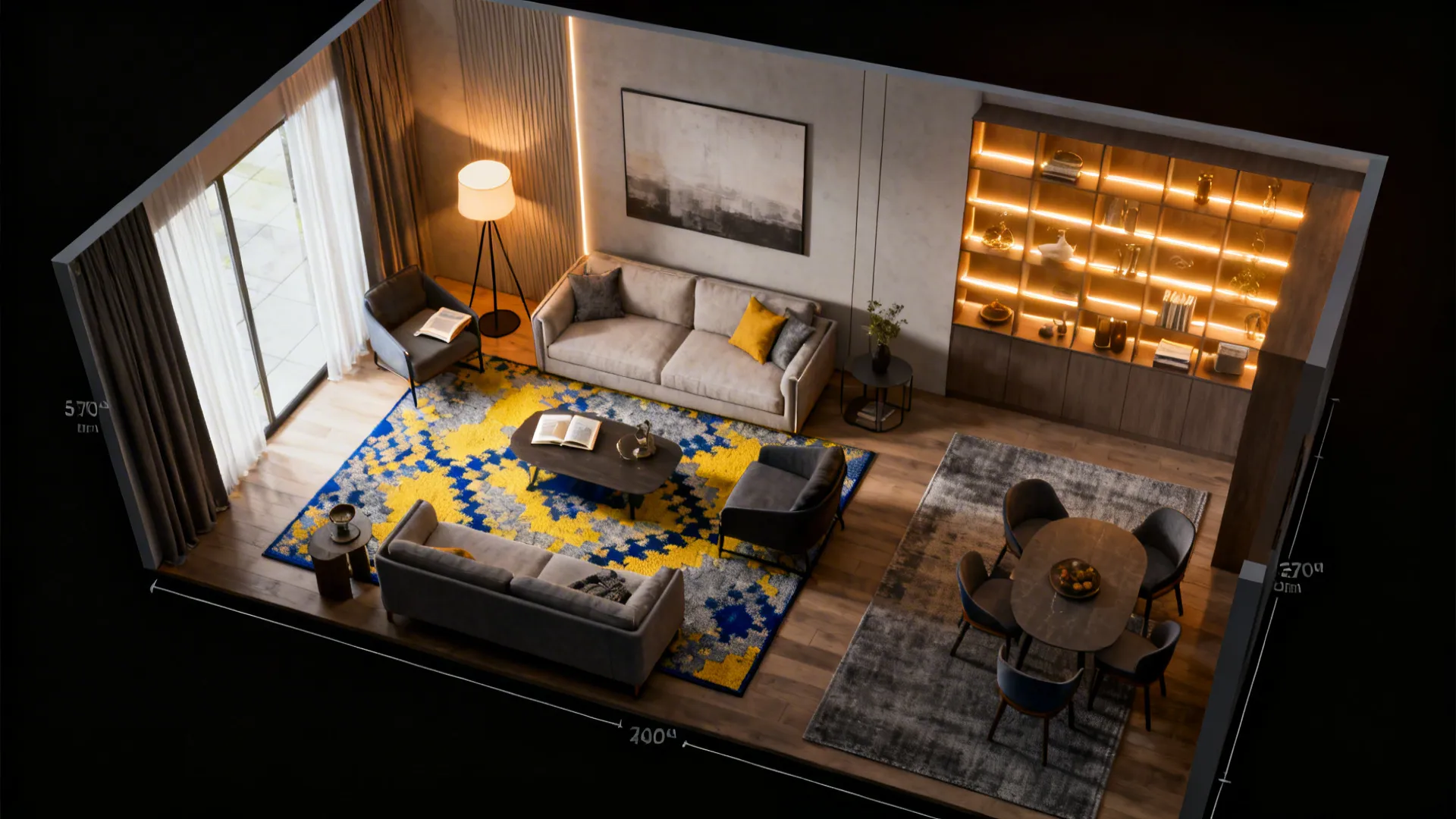 Top-down view of a small living room showing defined zones with rugs and layered lighting tying yellow, blue and grey.