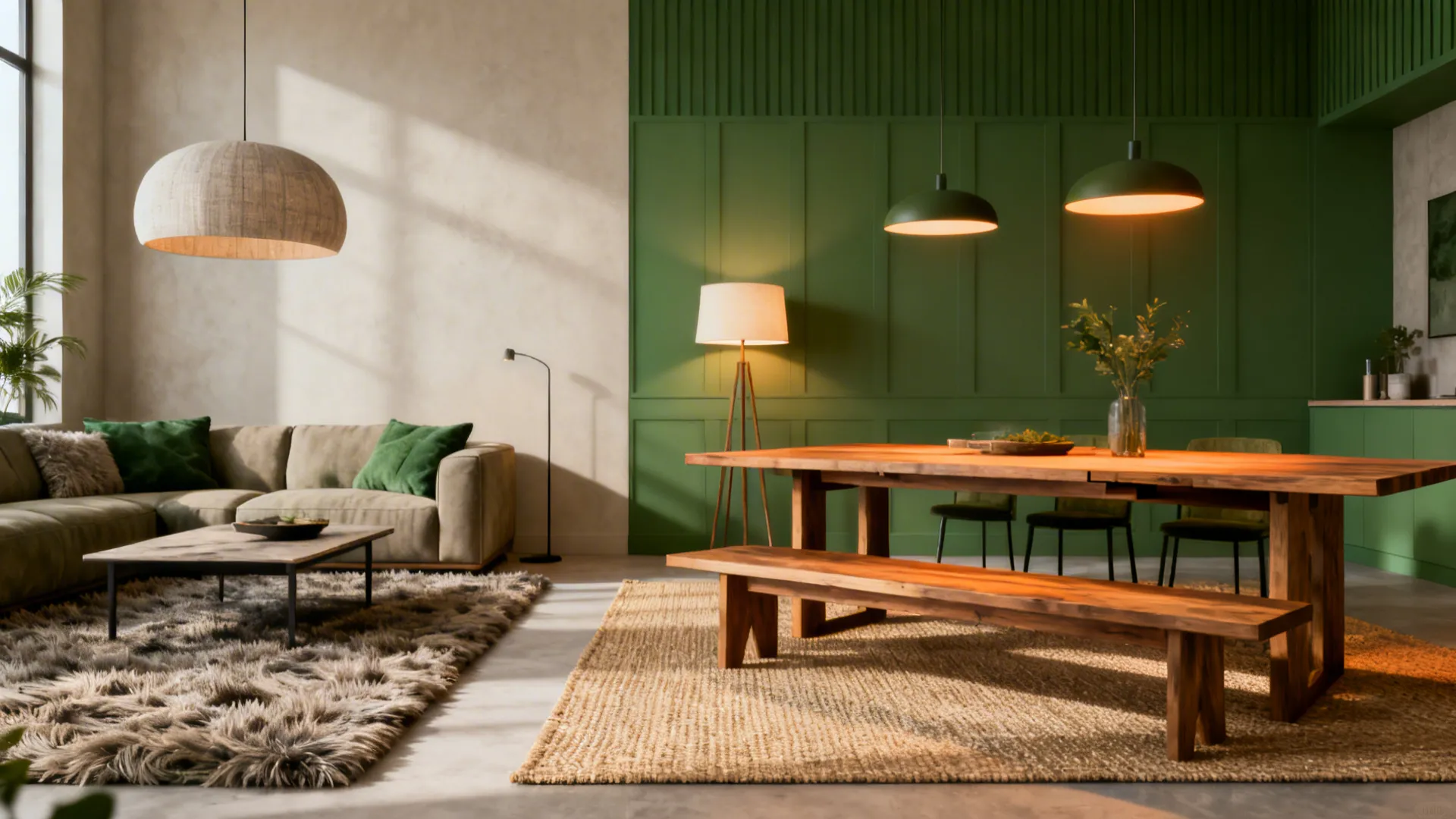 Two adjacent living and dining zones separated by distinct rugs and layered lighting