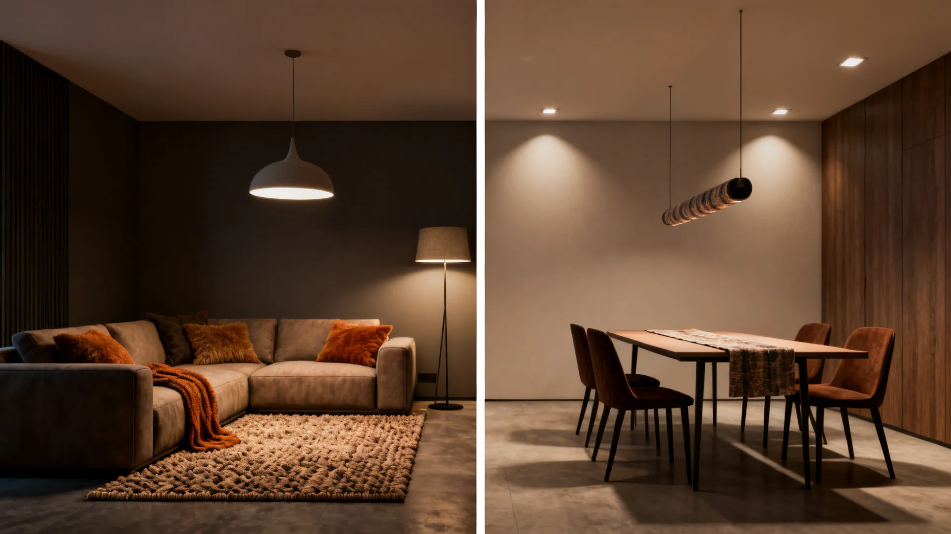 Area rug and pendant lighting defining living and dining zones in a narrow room