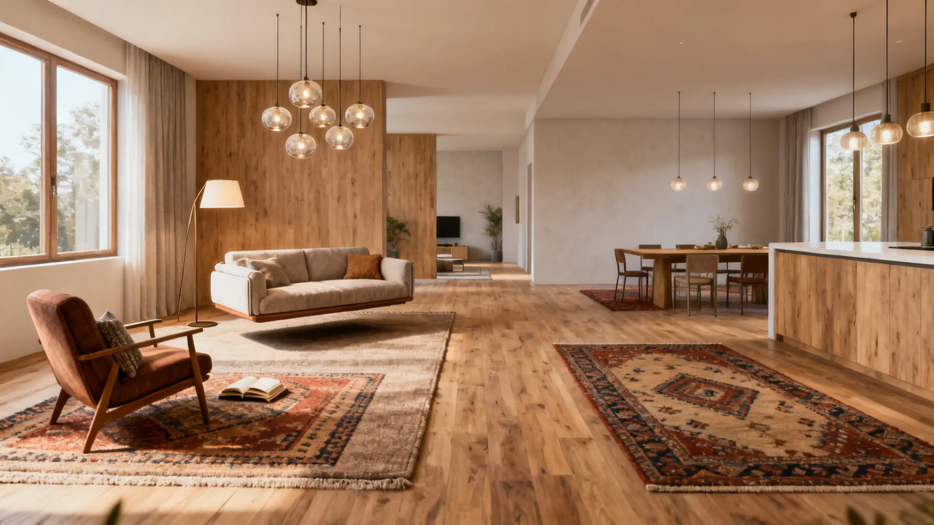 Three distinct zones in a large room separated by rugs and clustered lighting.