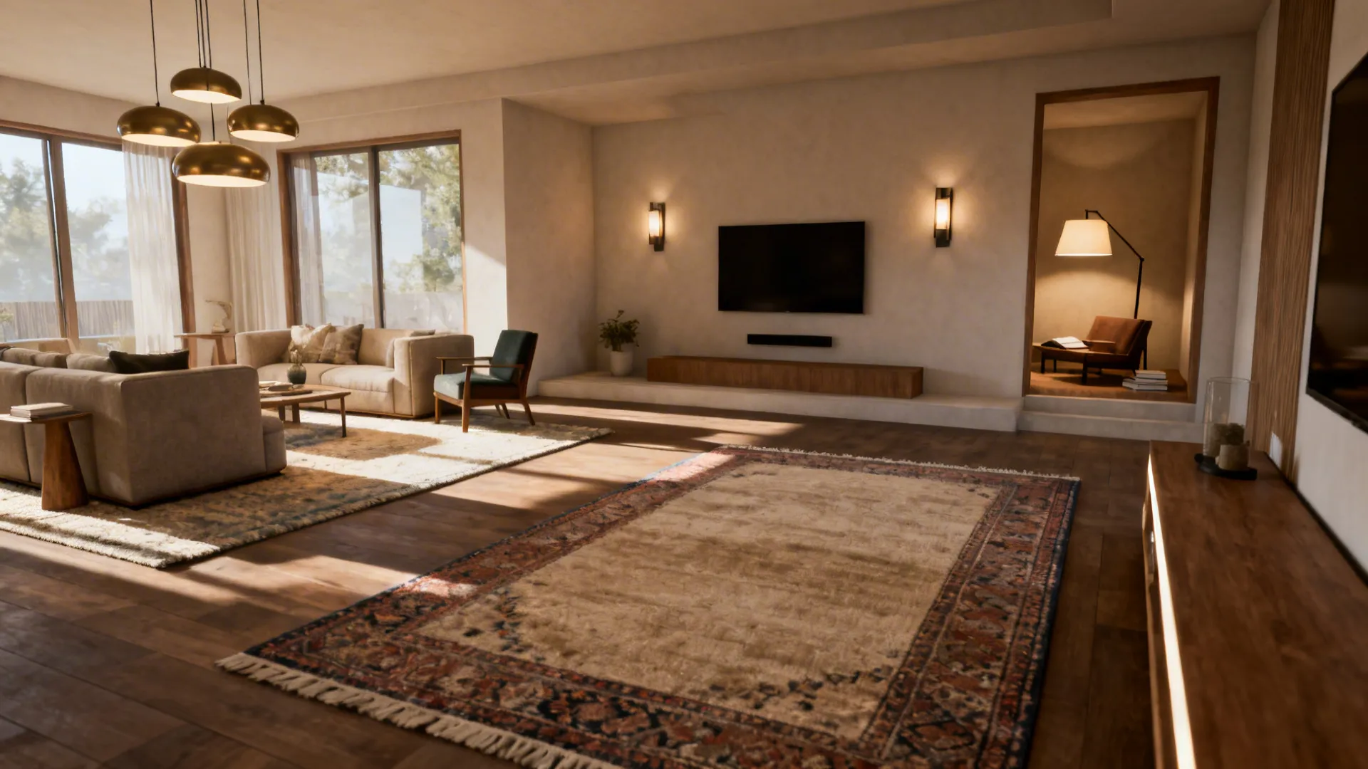 Spacious living room with large rugs, golden ceiling lights, wall lights, beige sofa and television
