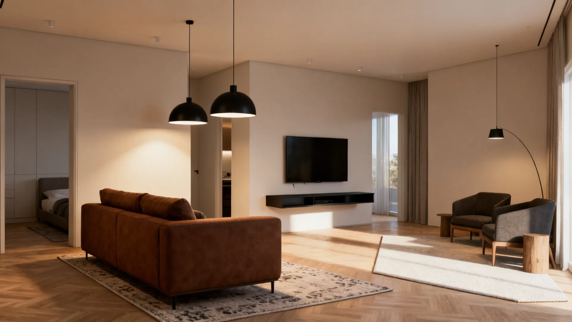 Open-plan small home with rugs anchoring seating areas and black pendant lights defining the zone.