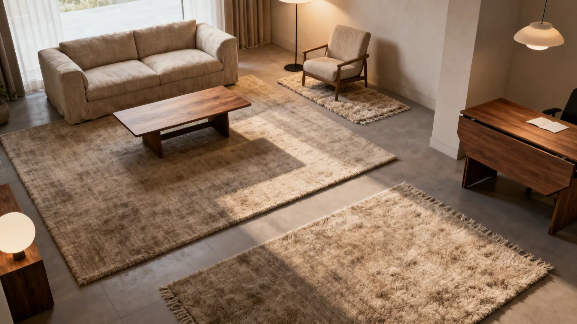 Living room showing rugs and layered lighting creating conversation, reading and work zones with clear circulation paths.