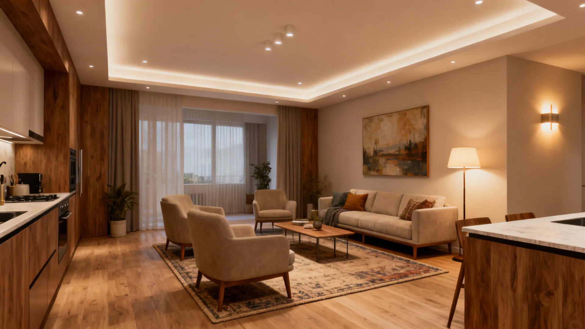 Open-plan living area with rug anchoring seating and layered lighting defining zones between living and kitchen.