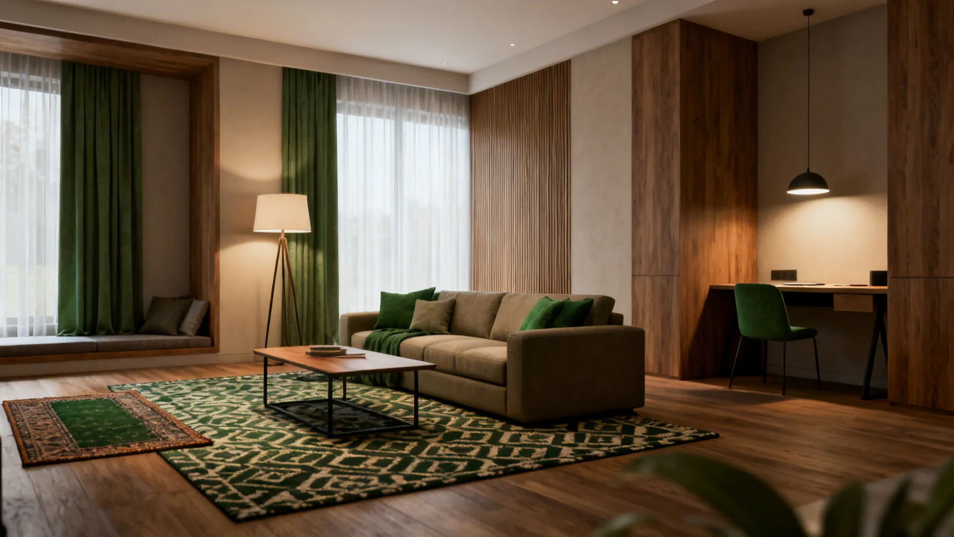 Living room showing seating, reading, and work zones defined by different rugs and layered lighting.