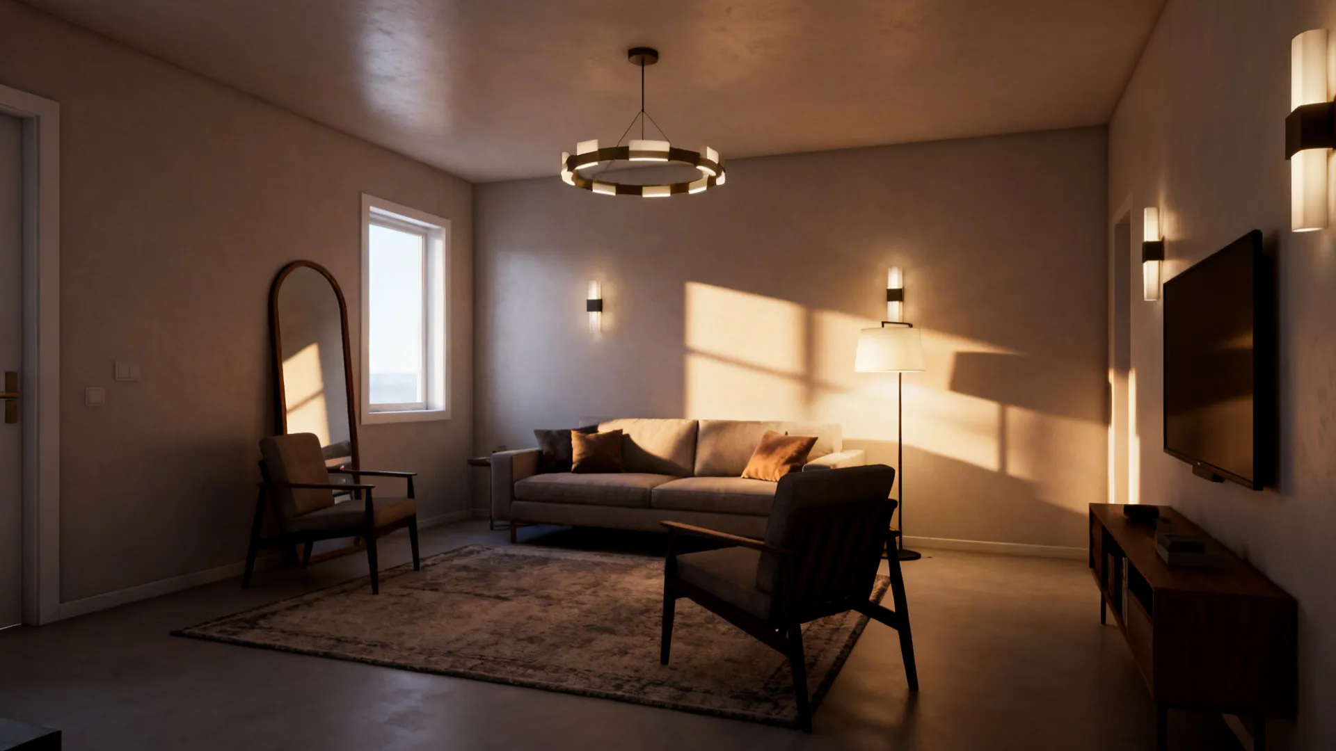 Living room zones defined by a rug and layered lighting: ceiling light, floor lamp, and wall sconces.