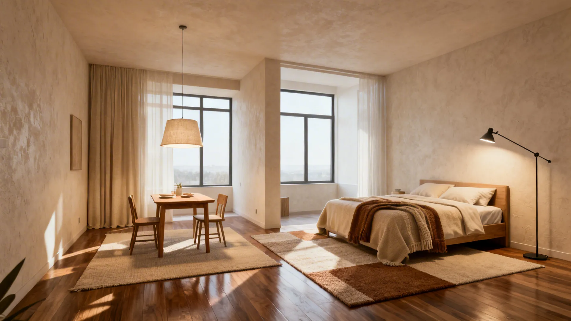 Layered rugs and distinct lighting creating separate zones in a basement studio.