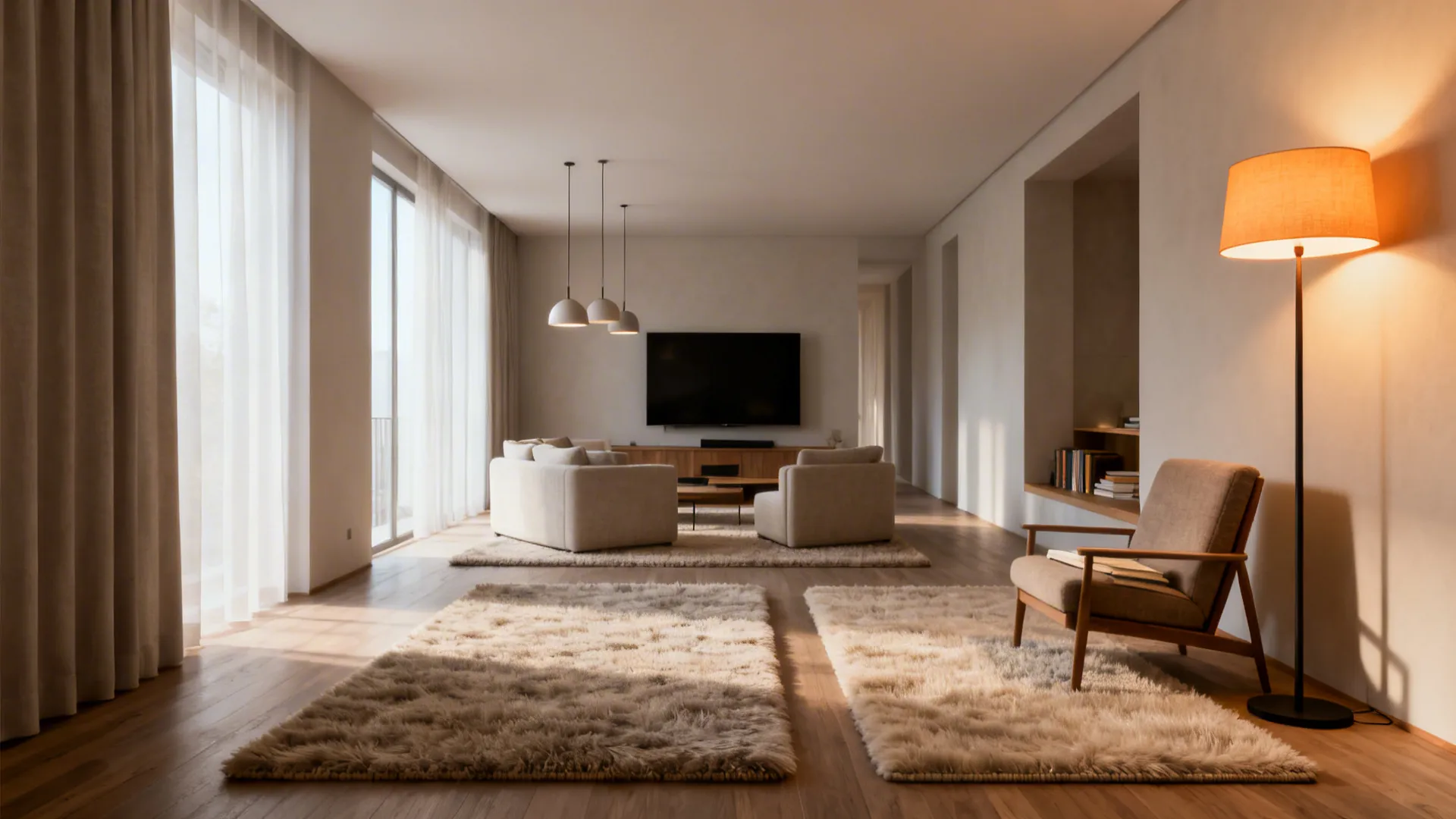 Long narrow room with rugs and layered lighting defining conversation, TV, and reading zones.
