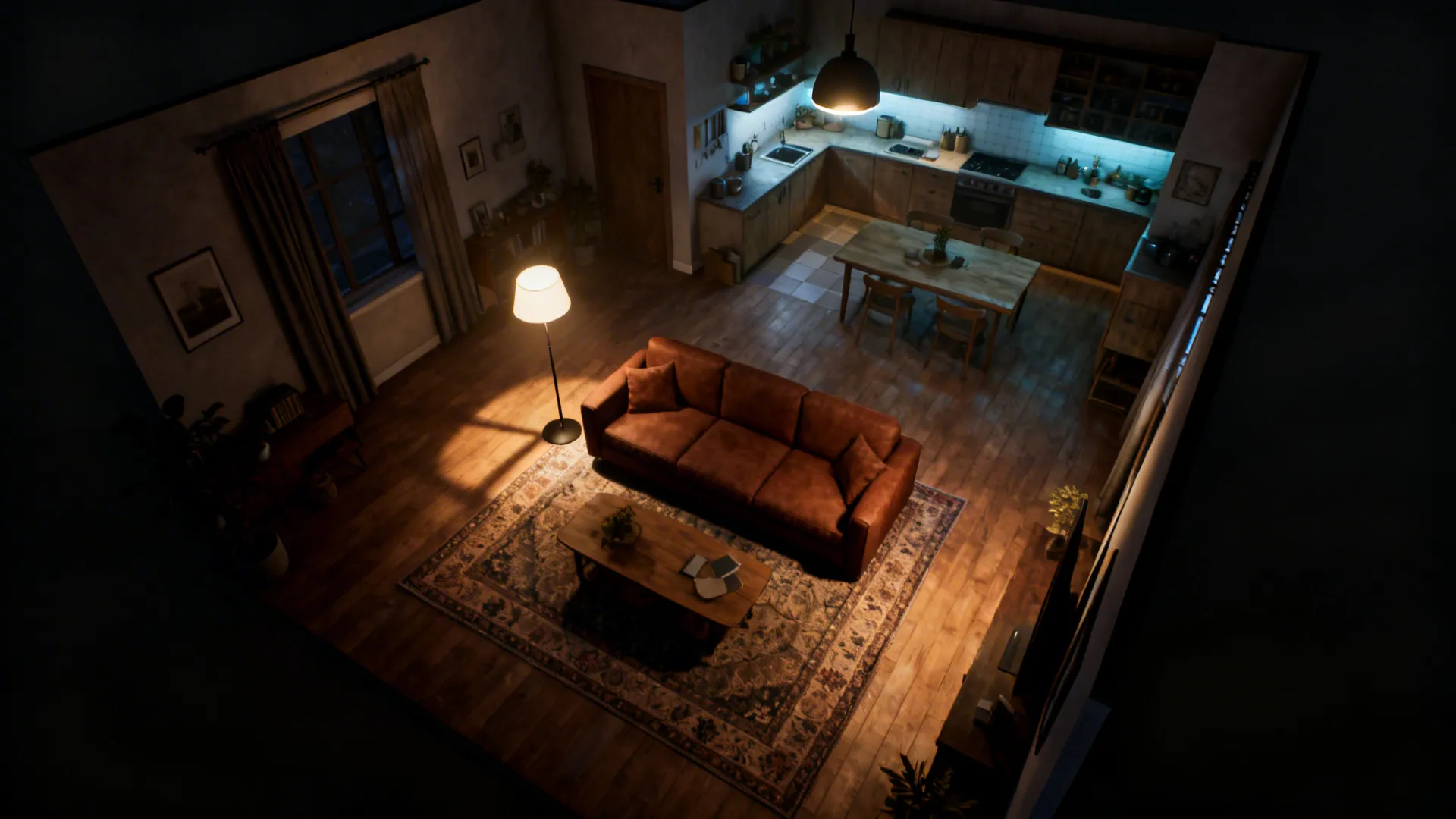 Open plan apartment featuring brown leather sofa patterned rug coffee table and warm indoor lighting