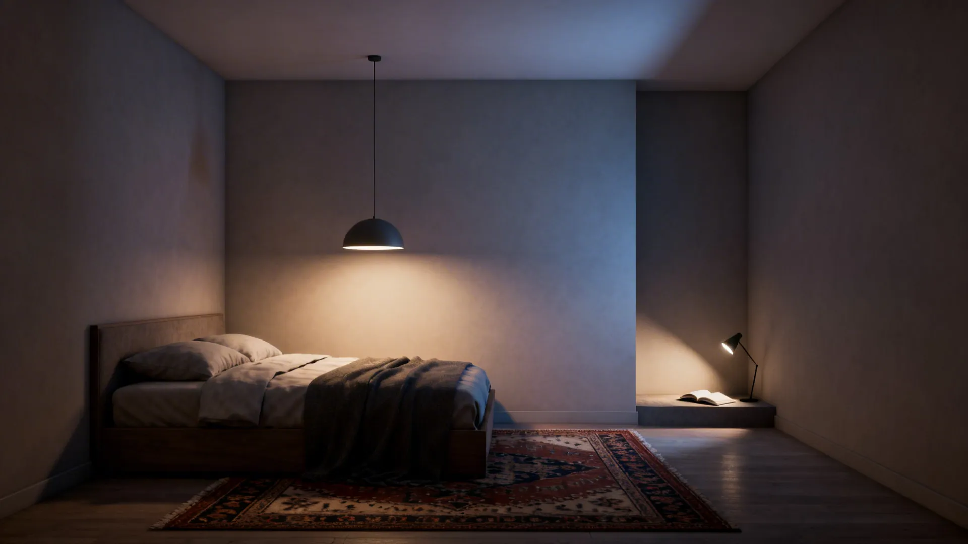 Small bedroom showing defined zones with a rug, pendant light over the bed, and a reading corner with a directional lamp.