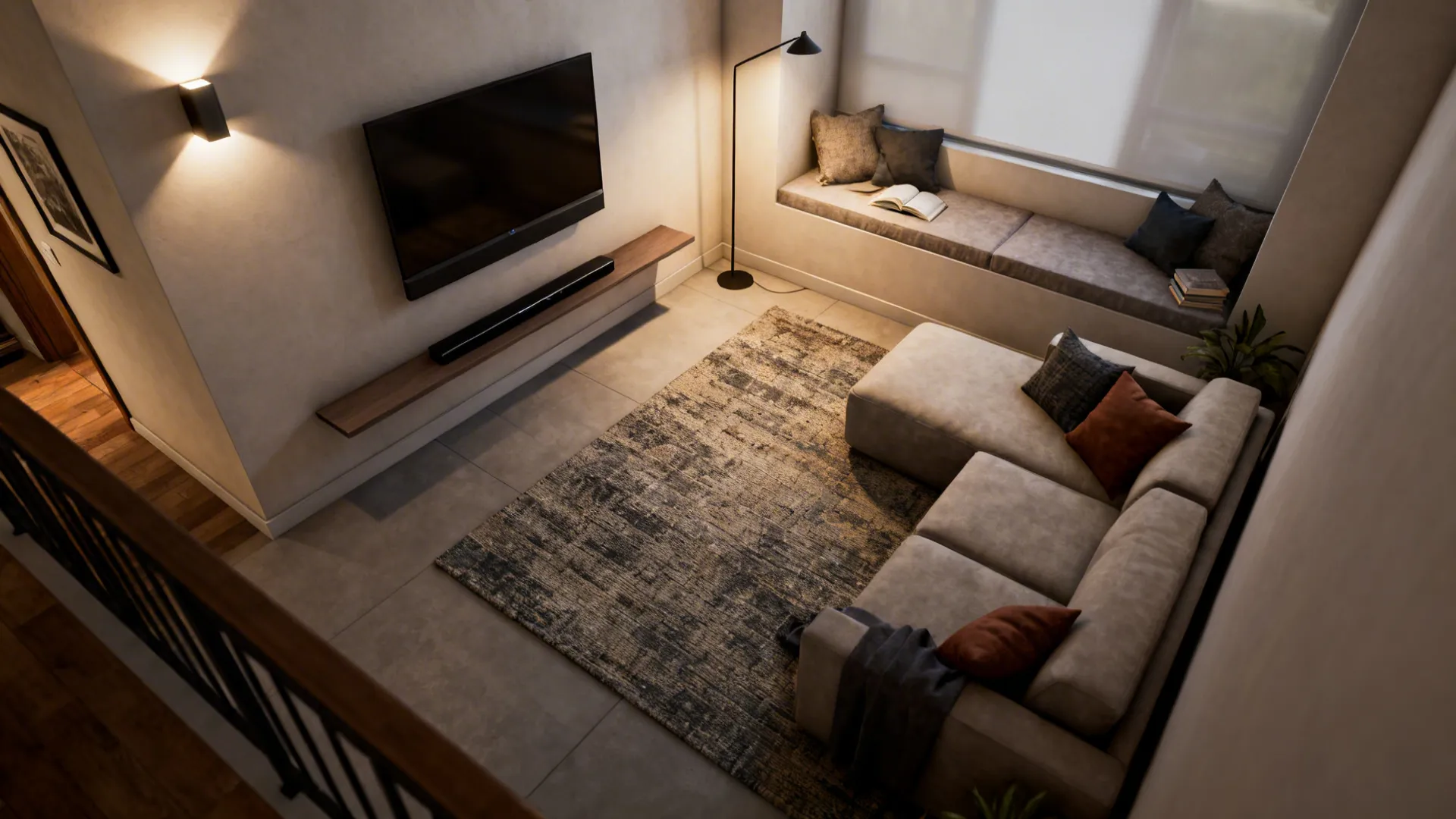 Small living room with rugs and layered lighting defining a seating area and a reading nook.