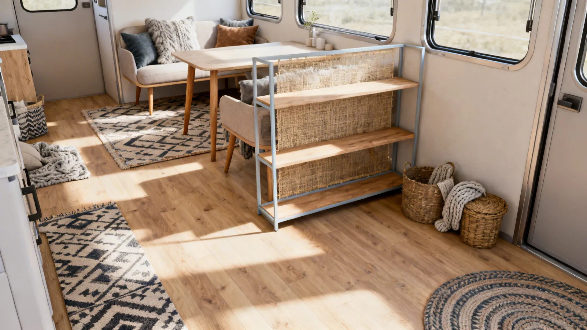 Rugs and a slim open shelving unit define zones in a mobile-home living area.