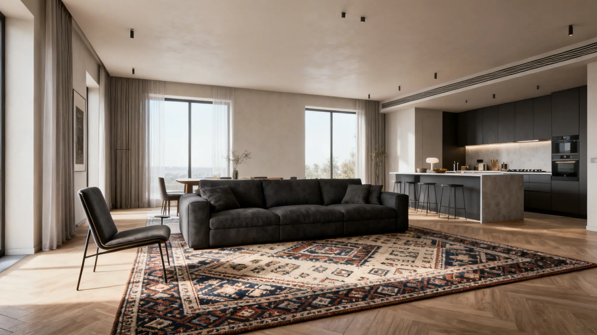 Open-plan studio with a dark grey sofa on a patterned rug and a slim armchair defining the living area.