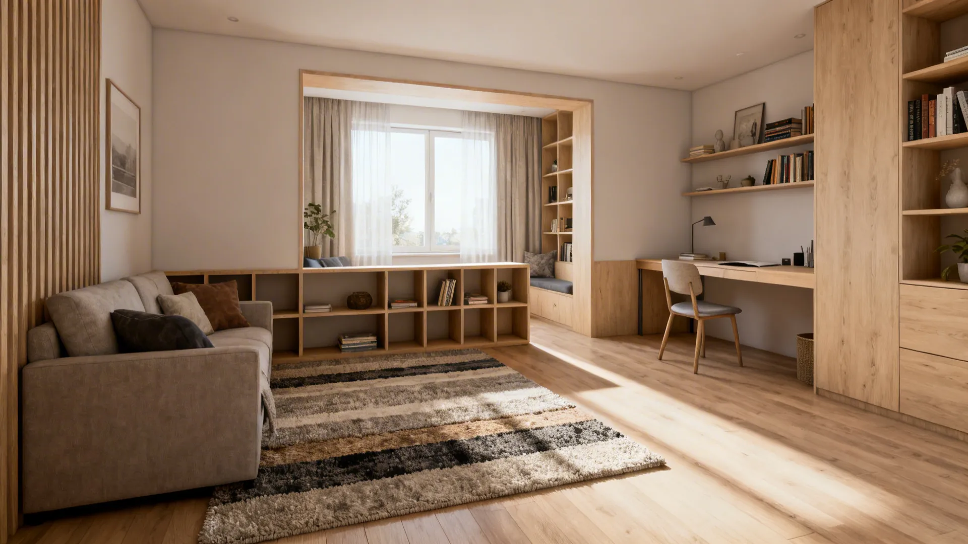 Layered rugs and low open shelving divide seating and work zones in a small living room.