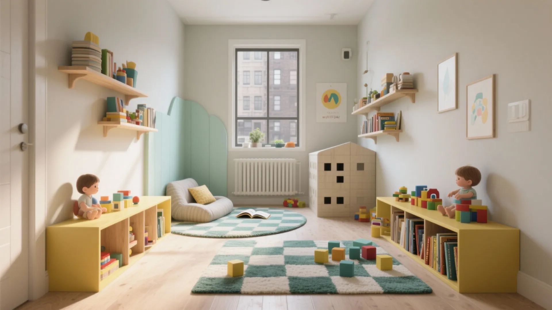 3. Flexible zones with rugs and low shelving