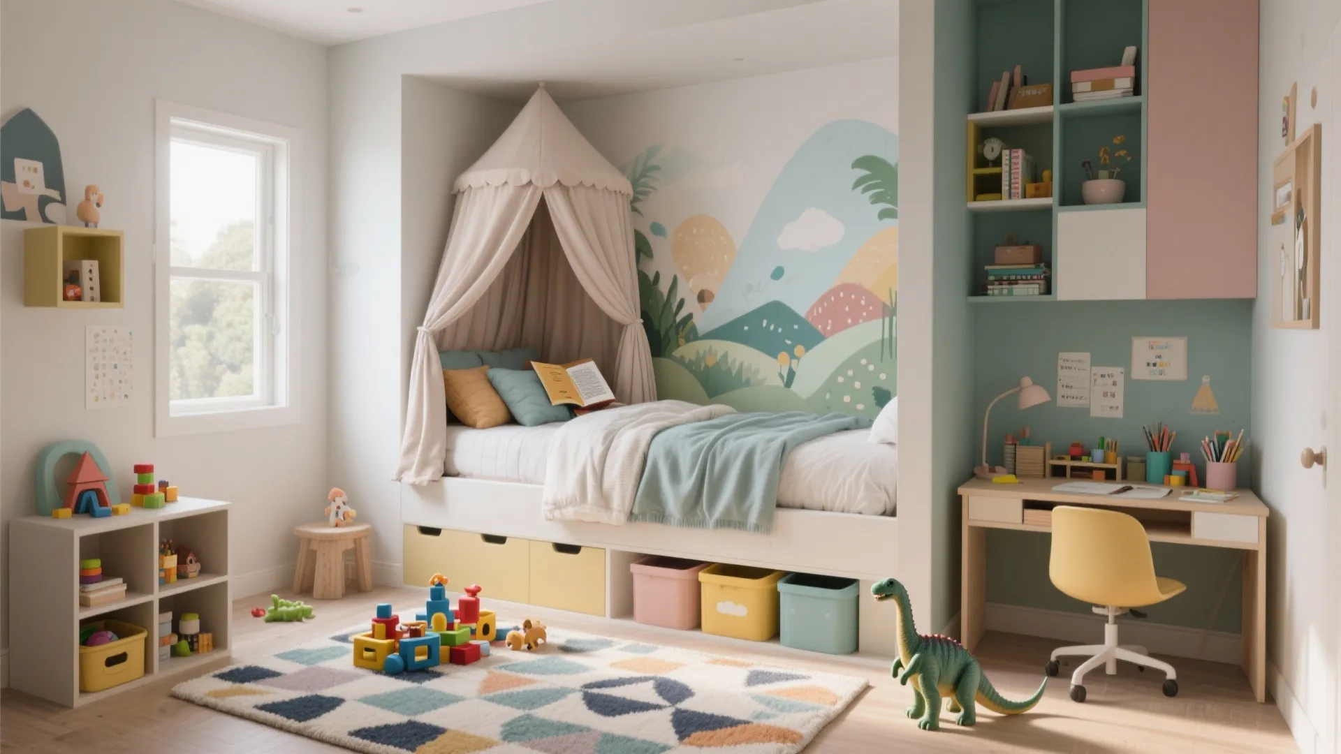 Colorful children bedroom with a canopy bed murals study desk toys and a patterned floor rug