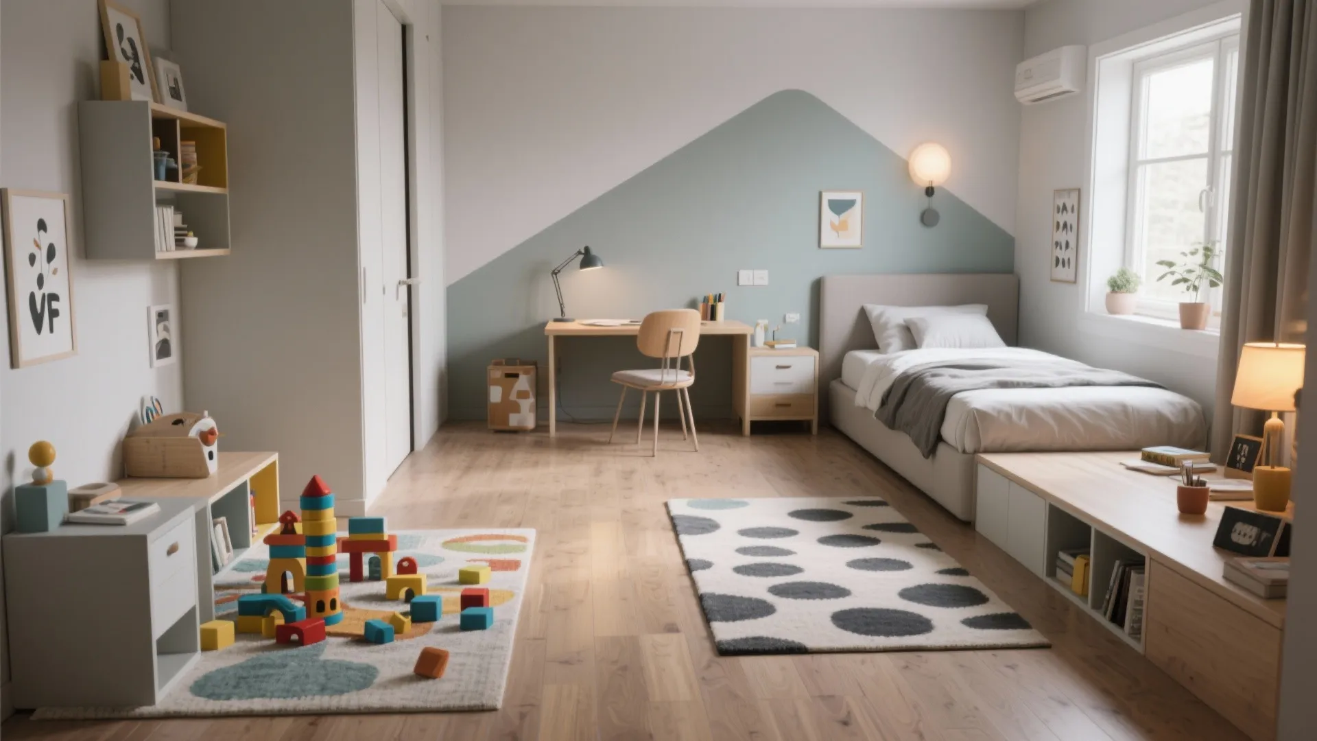 Small bedroom arranged into sleep, study, and play zones with a rug, low shelf, compact desk, and clear pathways.
