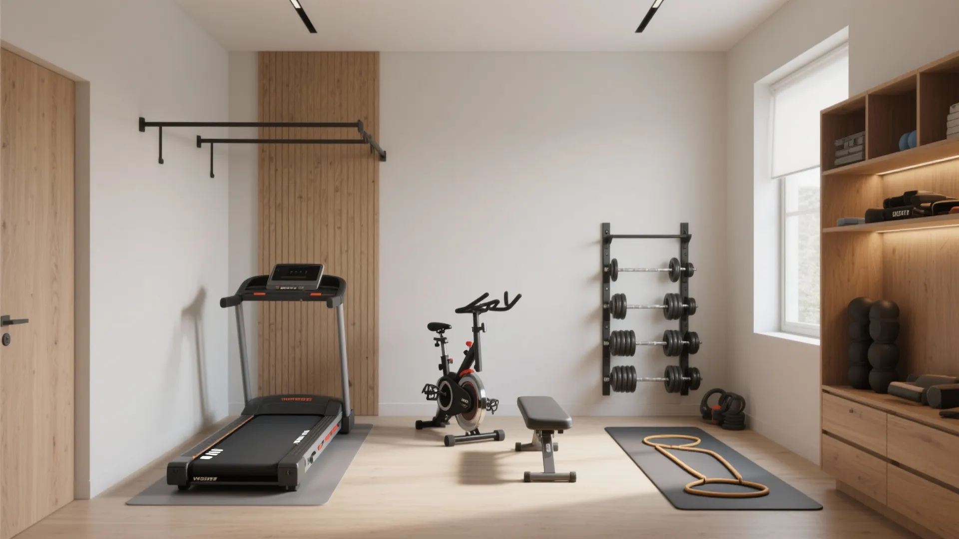 Modern home gym with a treadmill exercise bike weight bench and wall mounted storage rack setup