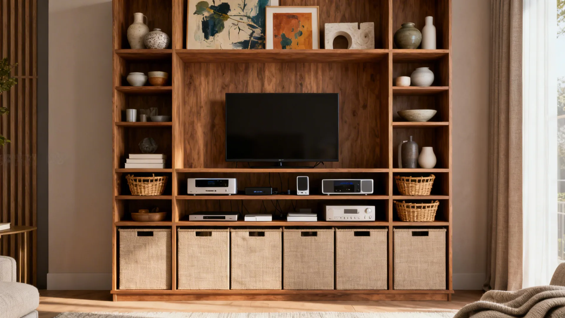 Tall shelving unit with clearly defined display, media and storage zones using baskets and boxes.