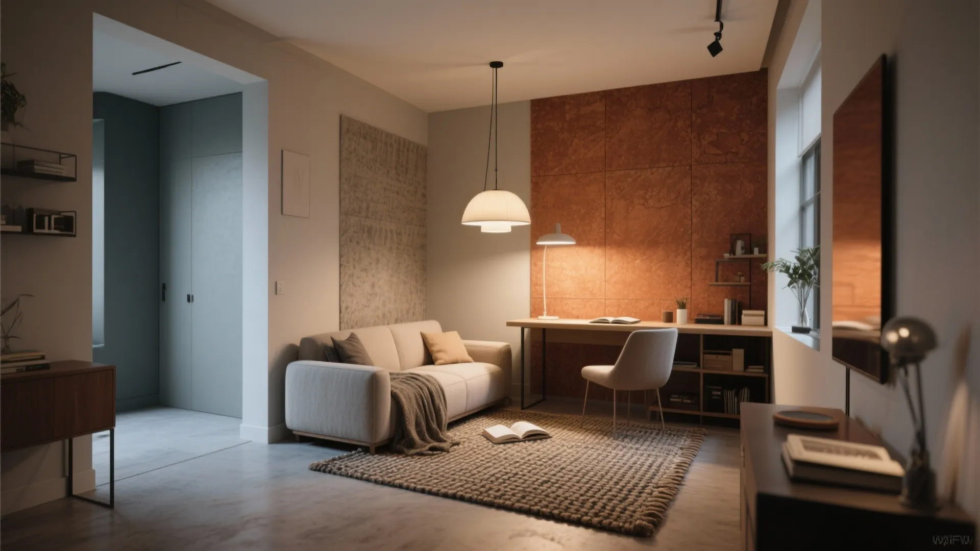 Compact studio with visual zones: rug-defined reading nook, different wall finish, and pendant lighting over lounge.