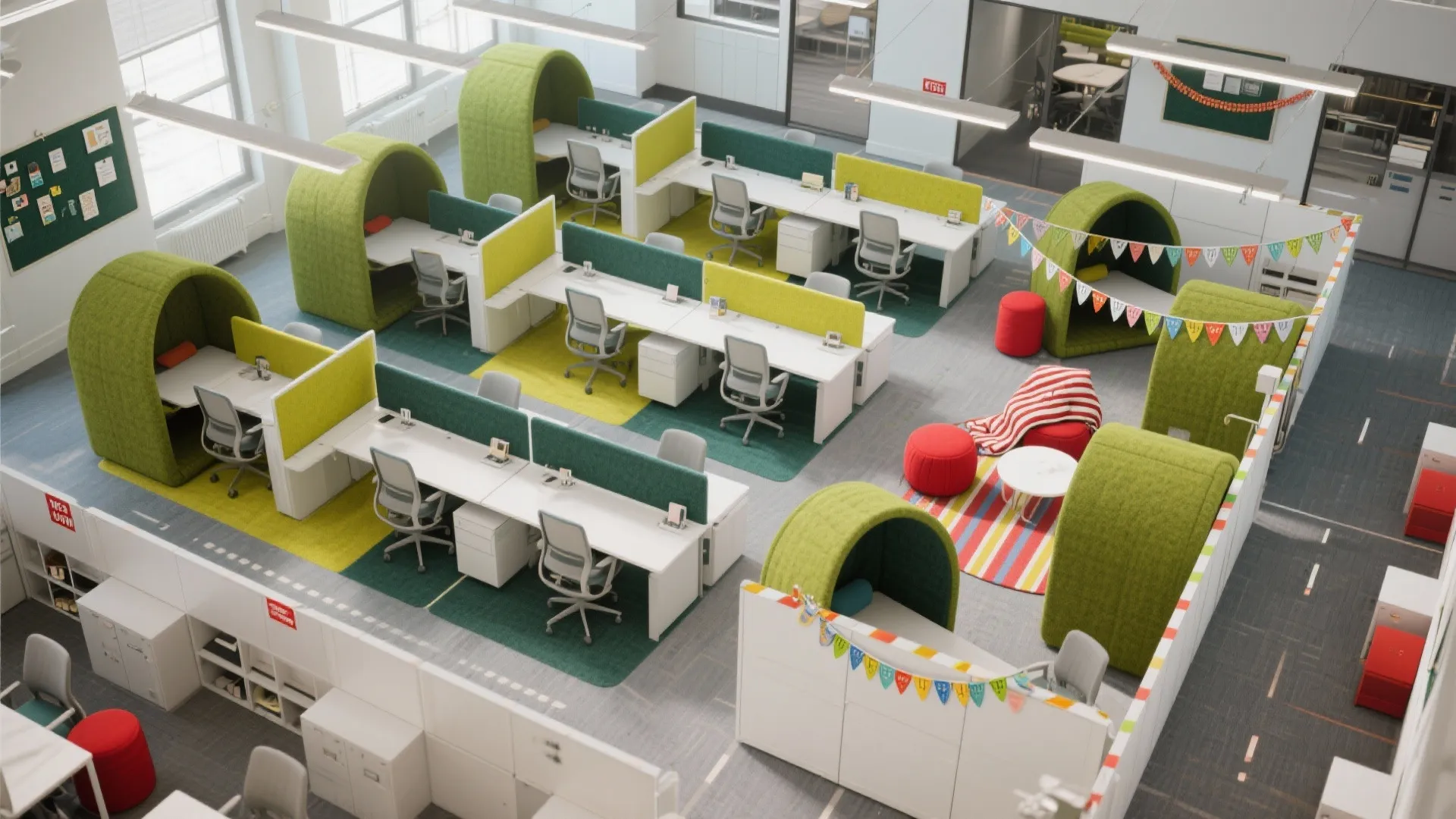 Modern office interior design drawing with green privacy pods and white desks in open layout