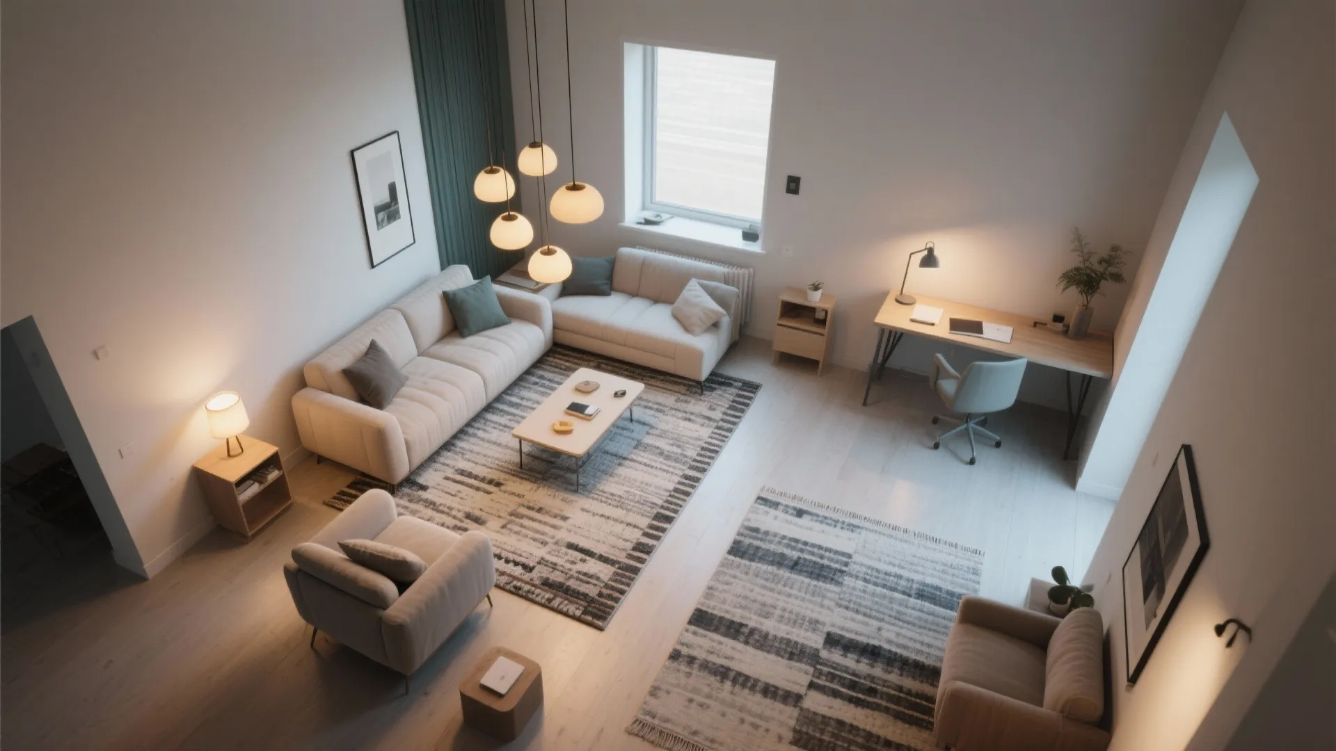 Top view of open living room featuring white sofas round ceiling lights wooden desk and rugs