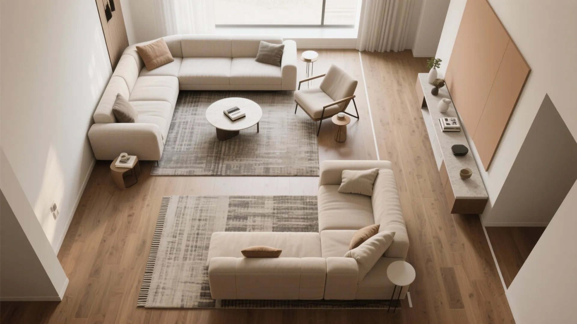 L-shaped seating that defines two zones