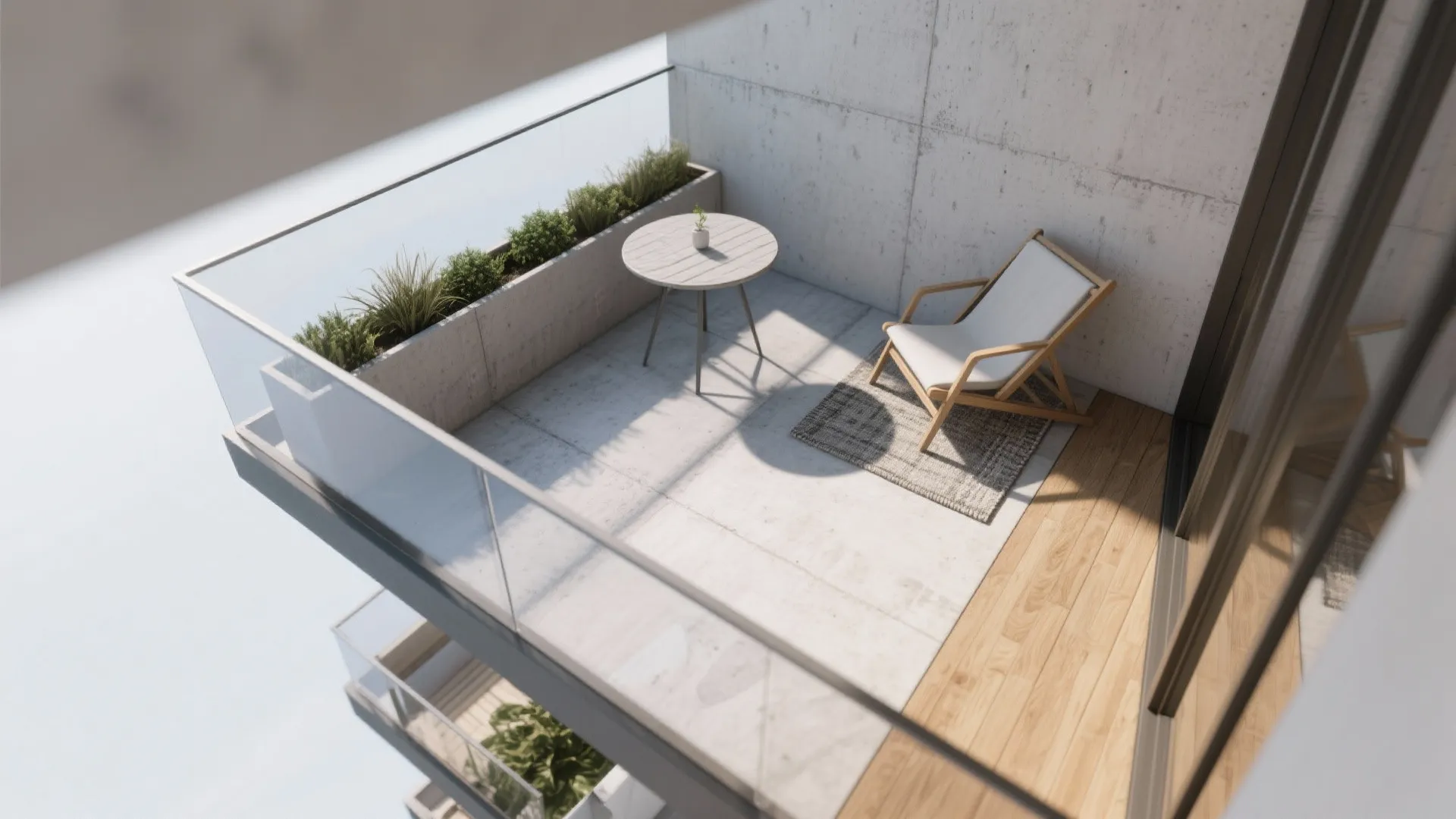 Modern balcony with concrete walls wooden floor a white chair small table and green plants
