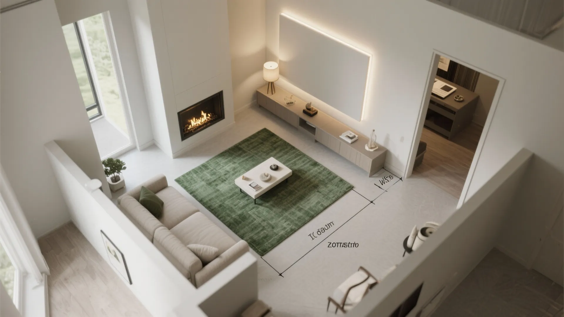 3. Define zones with rugs, lighting and scaled furniture