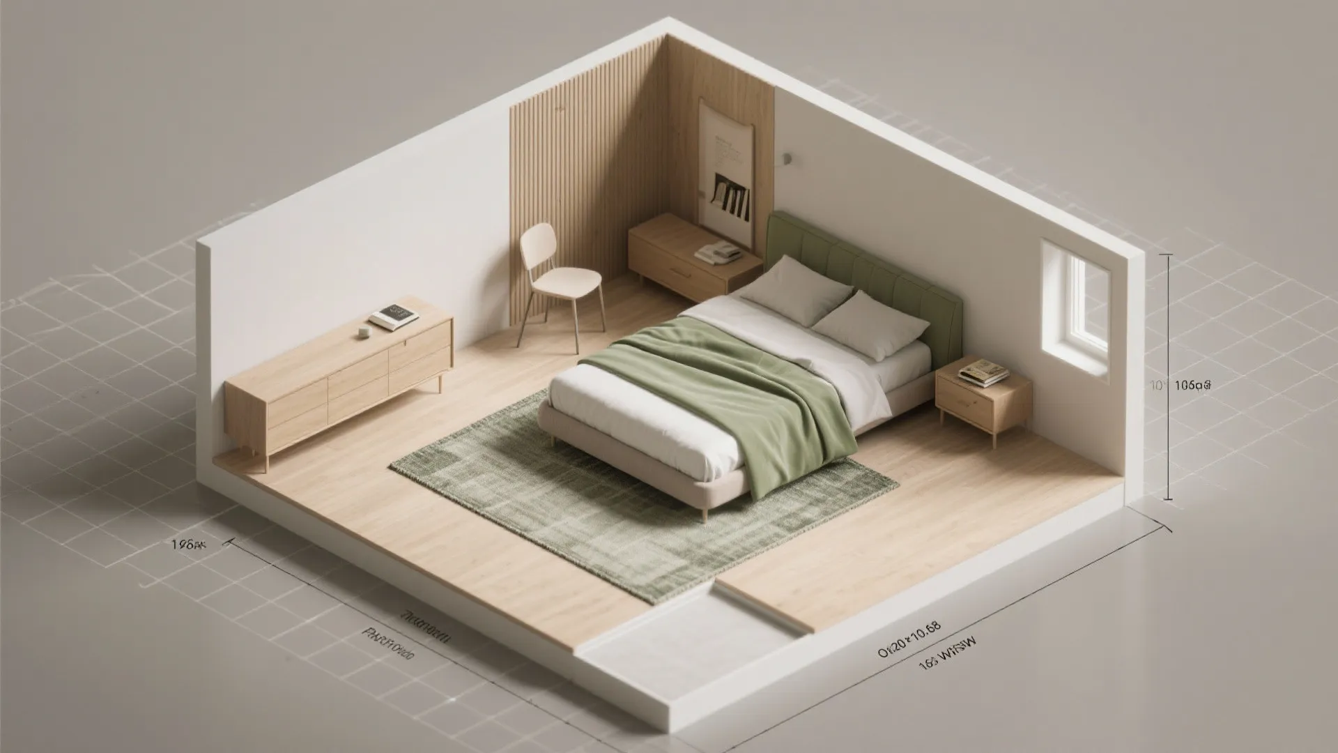Modern bedroom design with green bed, wooden floor, wall panel, white chair, and side cabinet