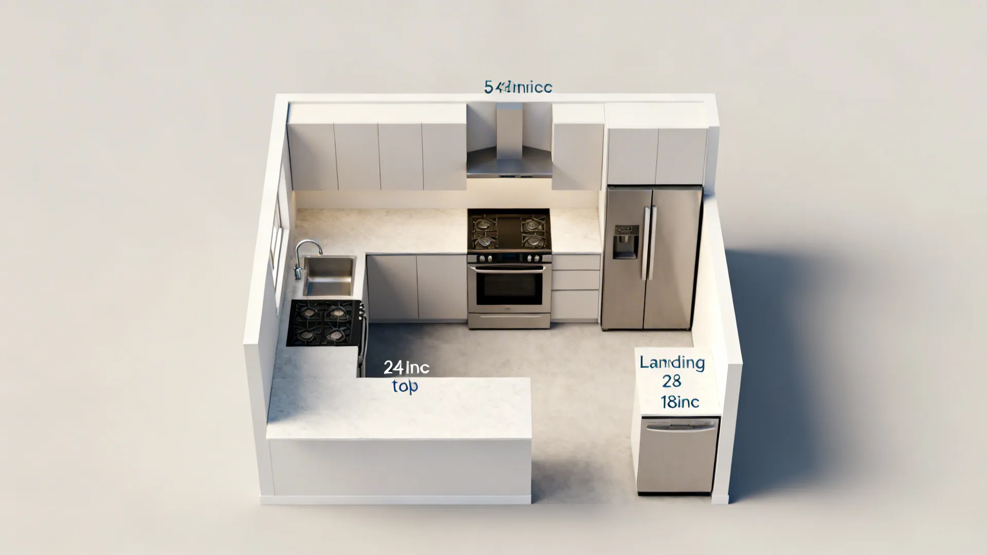Top-down view highlighting prep, cook, and landing zones with compact appliances in a 5 x 8 kitchen.