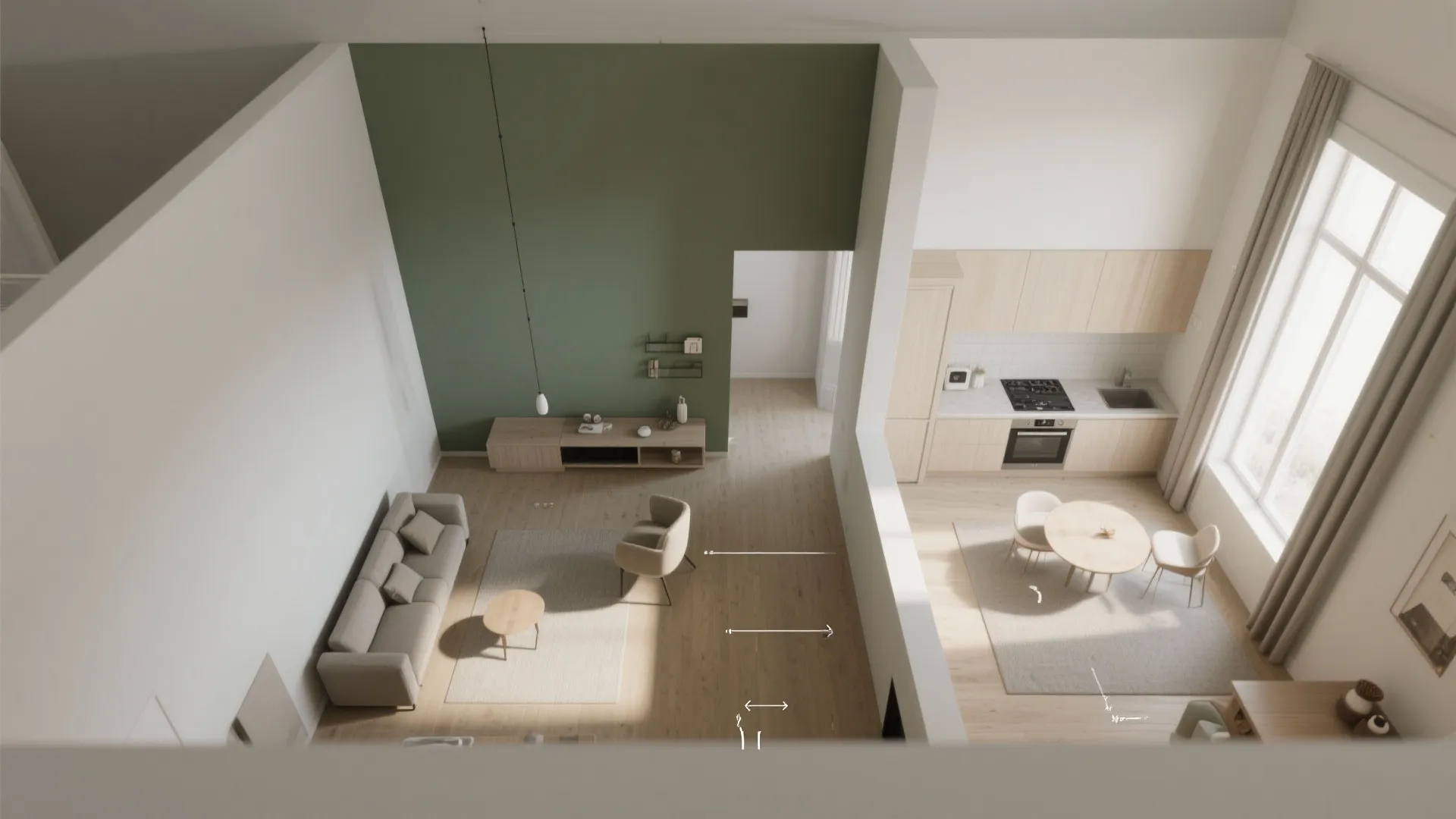 High angle interior design drawing of open plan living room and kitchen with furniture layout