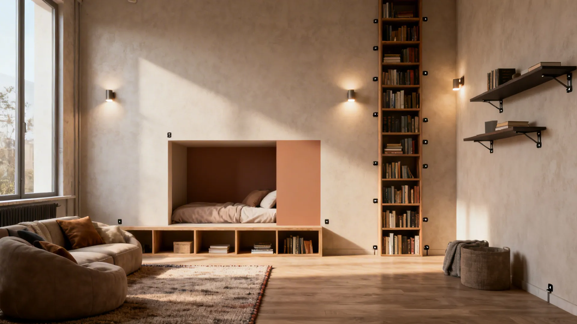 Studio layout with subtle zones: rug, paint change, low shelf divider, and vertical bookcase drawing the eye up