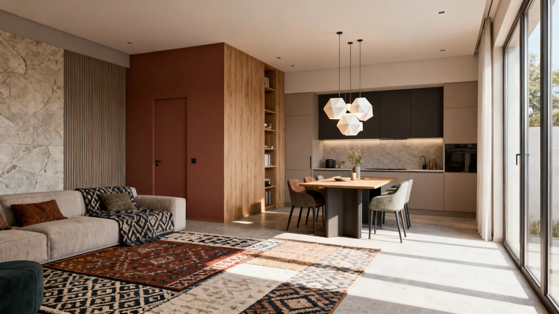 Small open space with rugs, pendant lights, and different wall tones defining living, dining, and kitchen zones