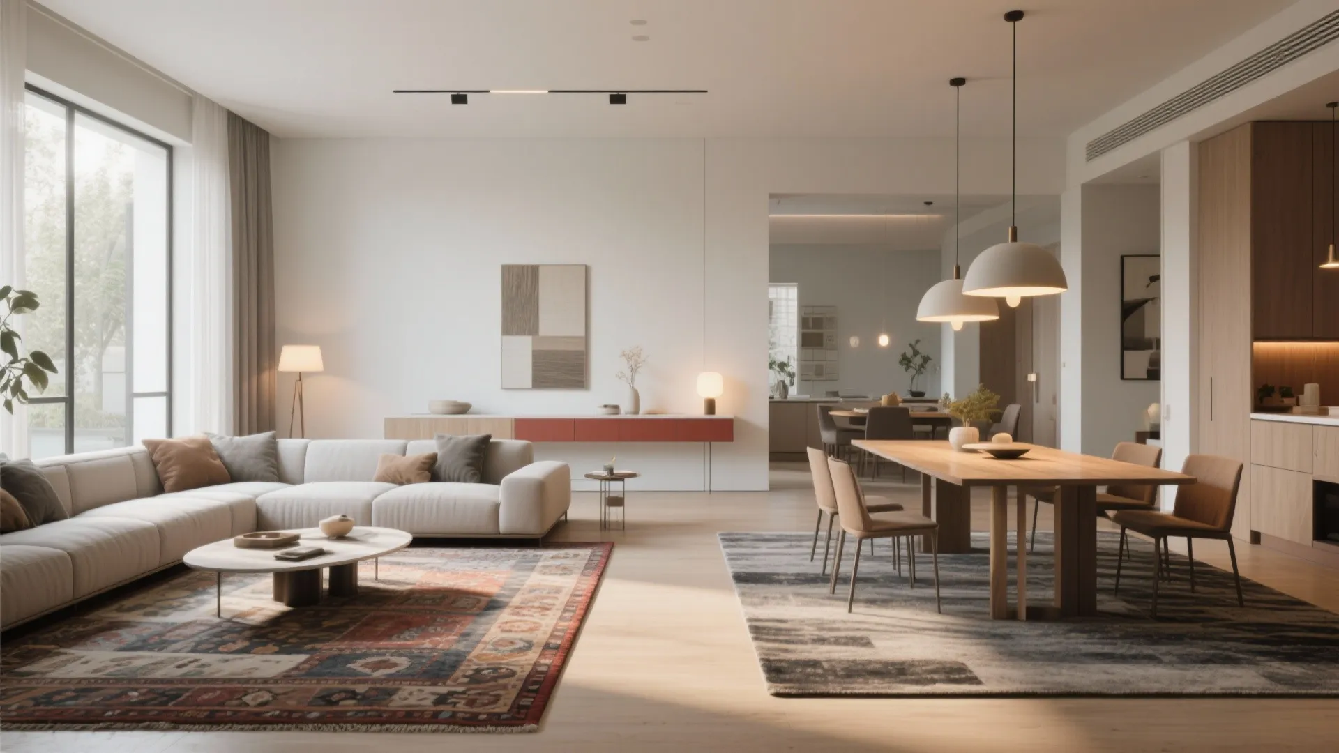 3. Define zones with rugs and lighting — not walls