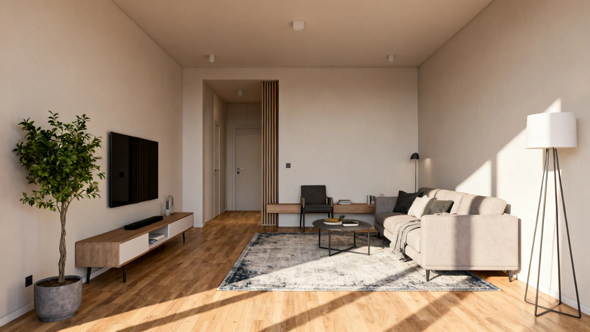Open-plan small living area divided into conversation, media, and entry zones using rugs and furniture placement.